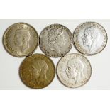 Coins, Great Britain, Silver Crowns, George III, 1820; George V 1935 (3); George VI 1937,