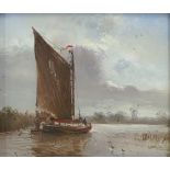 Modern British School, Victorian style - On The Broads, with sailing skiff, windmill beyond,