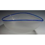 Chris Williams - an art glass shell bowl, frosted glass with line cut detail, applied blue rim, 12.