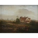 Modern British School, Victorian style - Cottages with figures and shepherd on a path,