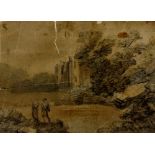 Gainsborough -figures before ruins in wooded landscape, watercolour, 11cm x 16cm,