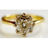 An antique old cut ladies diamond ring, claw set brilliant in 18ct yellow gold shank,