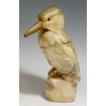 A carved and stained alabaster model of a kingfisher, realistically modelled,