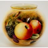 A Royal Worcester spirally moulded compressed globular vase still life painted with apples and