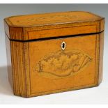 A Sheraton period canted rectangular satinwood tea caddy the hinged top and front boldly inlaid