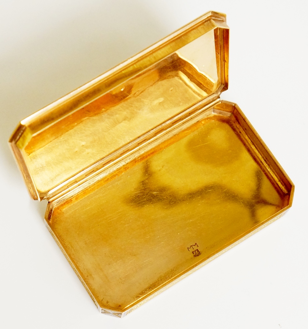 A Swiss rectangular two colour gold and blue enamel snuff box with canted corners, - Image 5 of 8