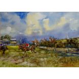 Michael Crawley - The First Jump, Aintree, watercolour heightened with bodycolour,