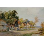William Ramsey - Abinger, Surrey, thatched cottages, an autumn scene, watercolour,