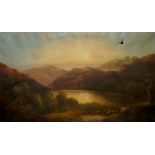 Leslie Smythe - shepherd and his flock in extensive mountainous landscape, an evening scene,