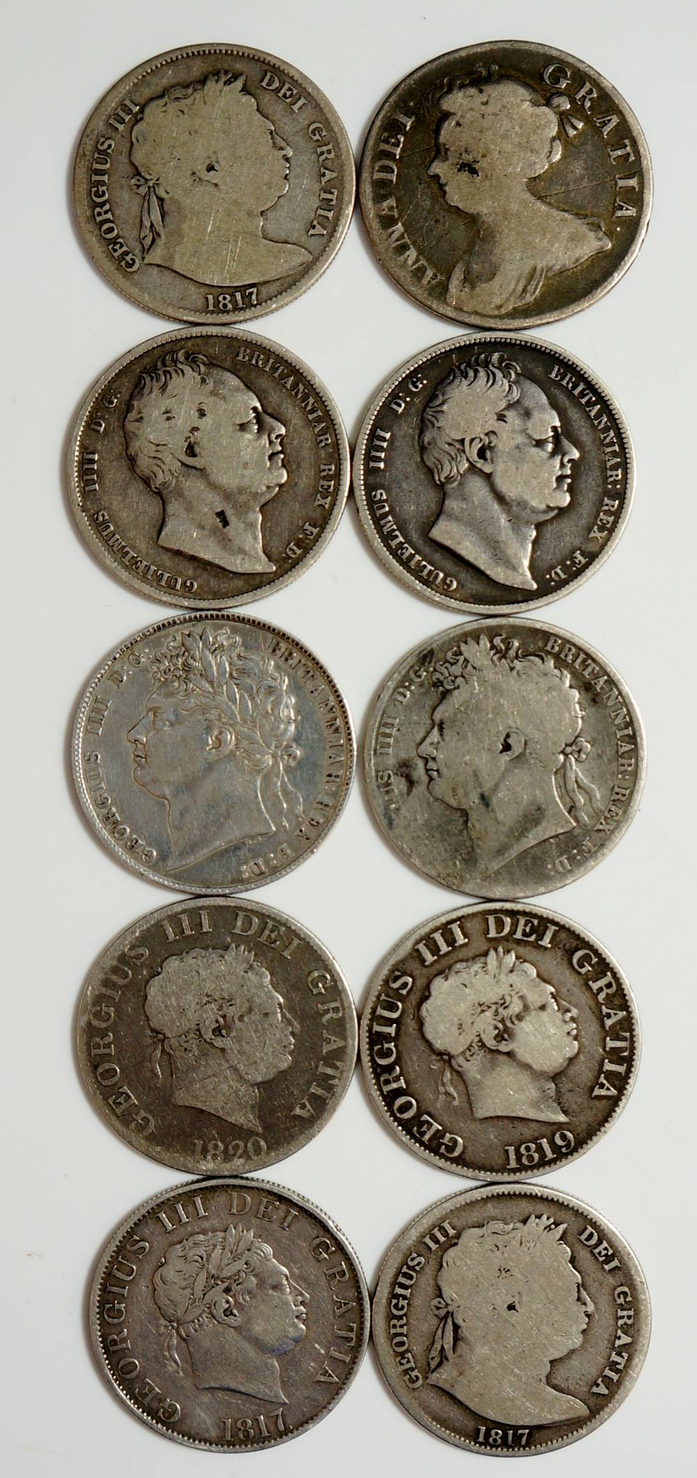 Coins, Great Britain, Silver Halfcrowns, Anne 1709; George III 1817 (3), 19, 20; George IV 1820,