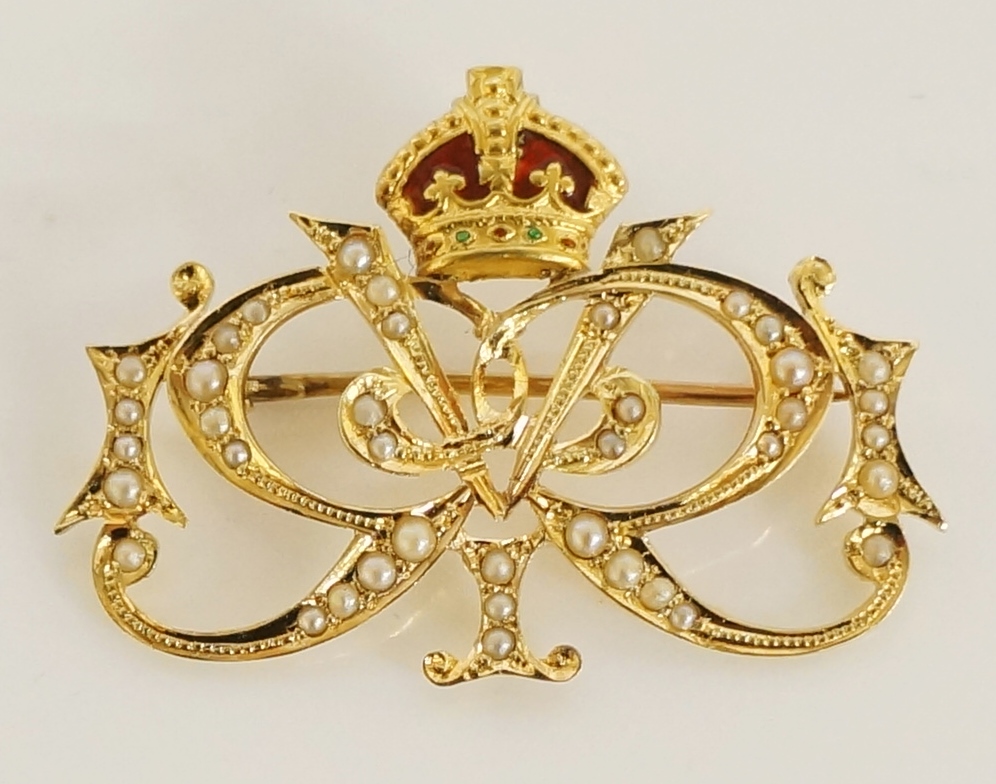 A 15 carat gold seed pearl set Cipher brooch with red enamelled crown the brooch seed pearl set as - Image 2 of 2