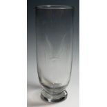 Keith Murray - a cylindrical clear glass vase engraved with a seagull in flight, Stevens & Williams,