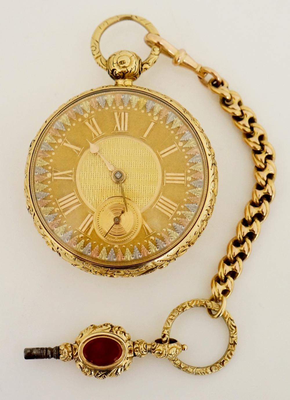 A fine English 18ct gold pocket watch with foliate cast case the back engine turned, - Image 4 of 6