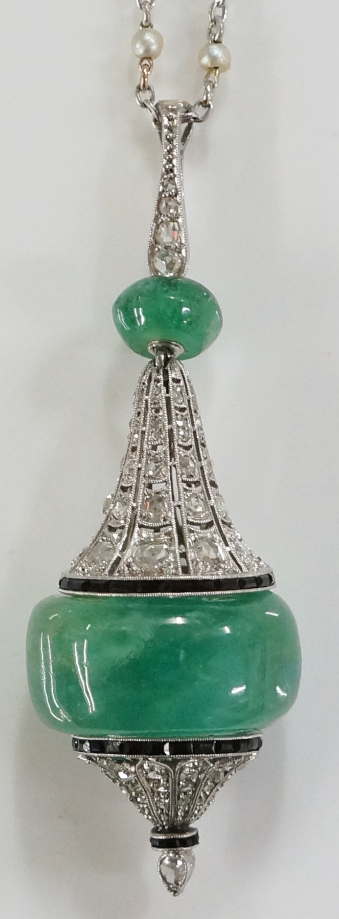 An Art Deco emerald and diamond pendant on a seed pearl set chain, - Image 3 of 4