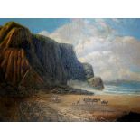 Edwin Ellis - coastal landscape with tall cliffs behind, figures and horses and cart on a beach,