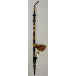 A segmental horn long pipe with porcelain bowl transfer printed with stag in landscape, 92cm long,