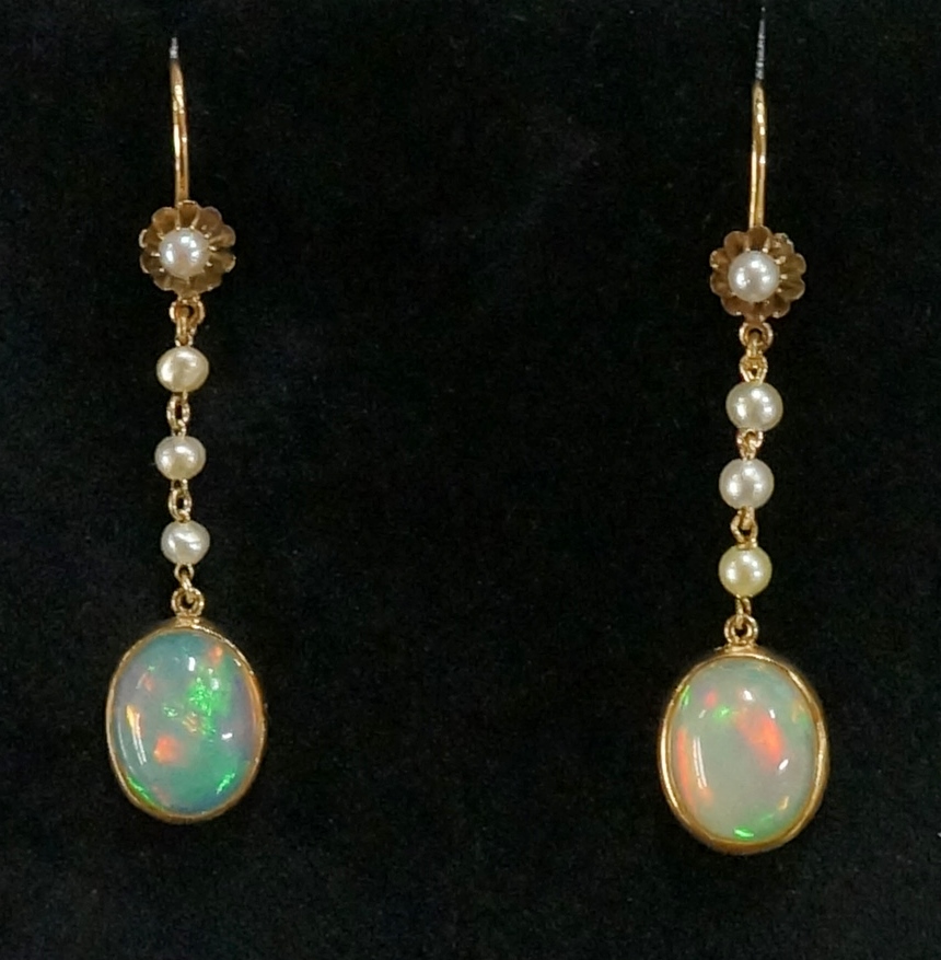 A pair of opal and seed pearl pendant earrings,