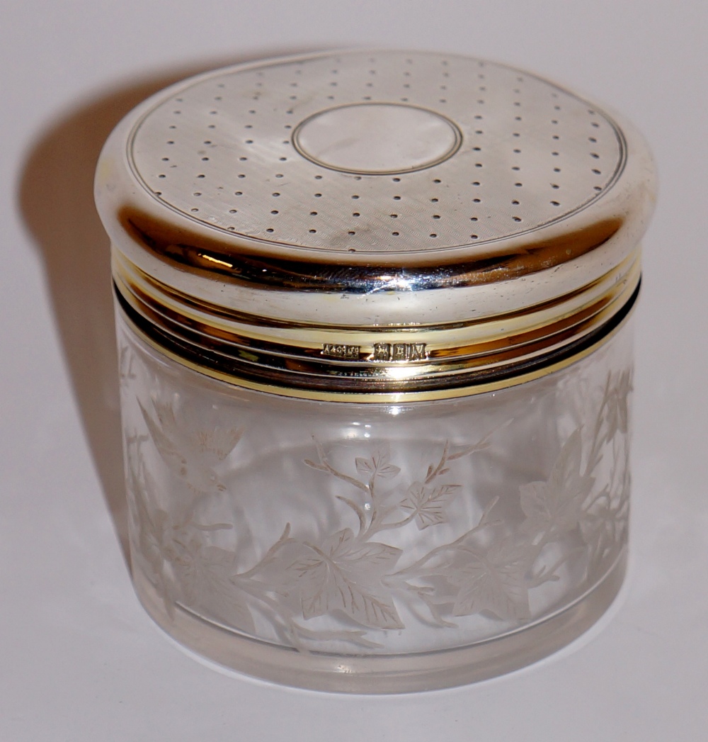 Asprey & Co - a silver dressing table jar of cylindrical design the glass body wheel engraved with - Image 3 of 4