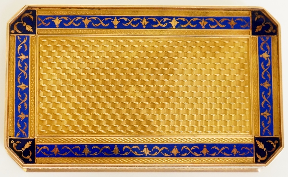 A Swiss rectangular two colour gold and blue enamel snuff box with canted corners, - Image 8 of 8