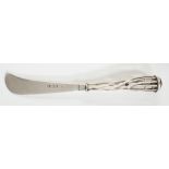 An Arts & Crafts butter knife, the plain body with open twisted handle surmounted by a green