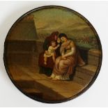 A 19th Century circular Stobwasser type snuff box and cover, the lid painted with woman,