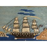 A Naive wool work picture of  a three masted sailing ship, worked in coloured wools, 24.