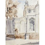 Dennis George Wells - church exterior, watercolour heightened with ink, 40cm x 30cm,