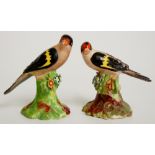 A pair of Derby birds, each perched on a floral encrusted green branch and base, detailed in black,