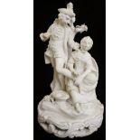 A Derby biscuit porcelain figure of a gallant and his companion in 18th Century attire,