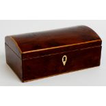 A dome topped yew wood veneered box outlined with boxwood stringing, ivory key plate, 18cm wide,