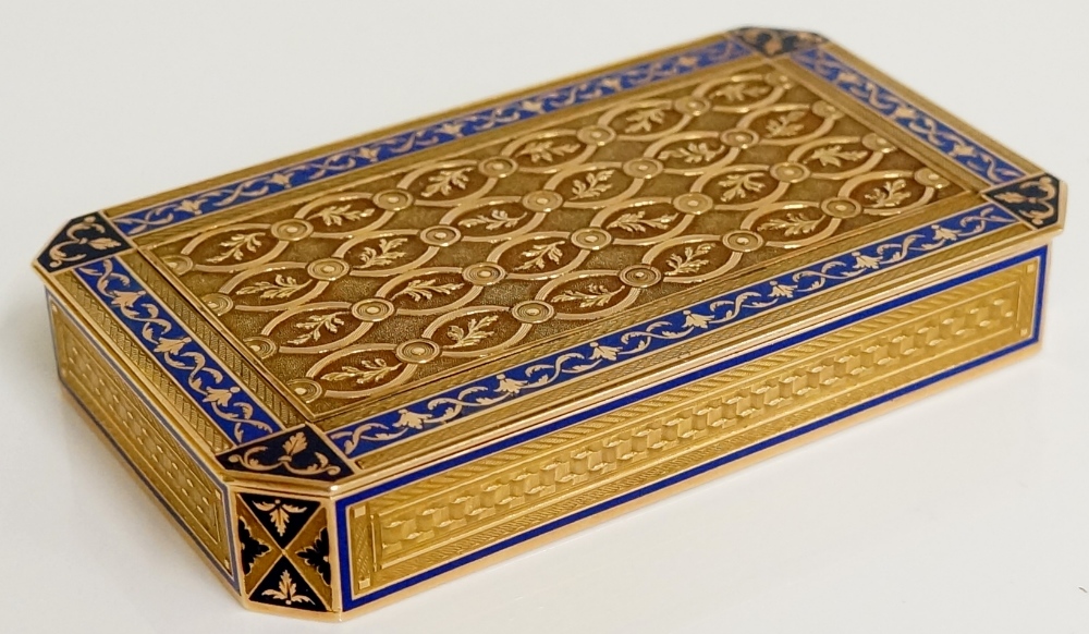 A Swiss rectangular two colour gold and blue enamel snuff box with canted corners, - Image 4 of 8