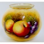 A Royal Worcester spirally moulded compressed globular vase still life painted with apples and