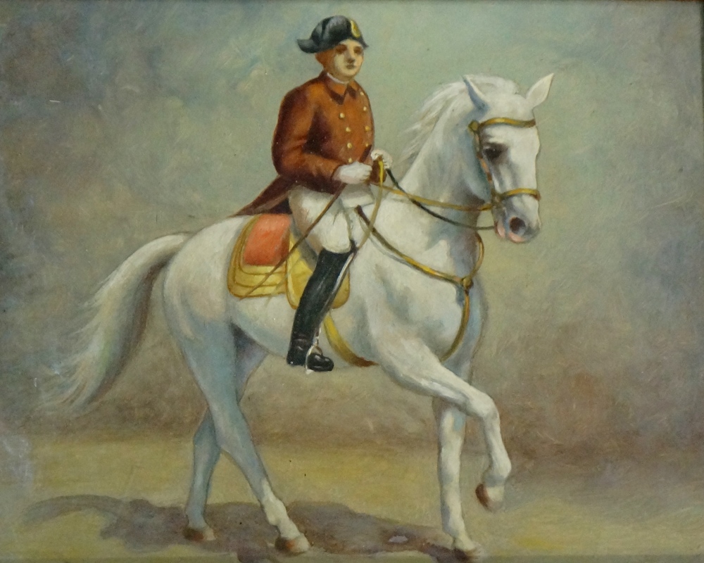 English School, late 19th Century - officer on horseback, oil on board, 20cm x 25cm,