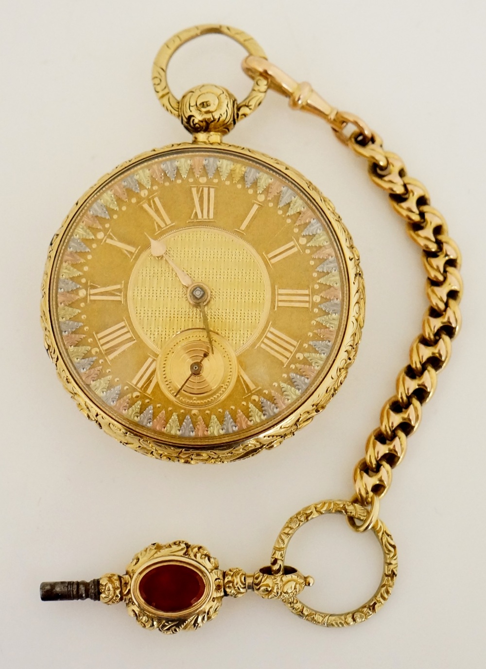 A fine English 18ct gold pocket watch with foliate cast case the back engine turned, - Image 3 of 6