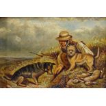 George Armfield  - rabbiting with poacher and dogs crouched by a rabbit warren, oil on board,