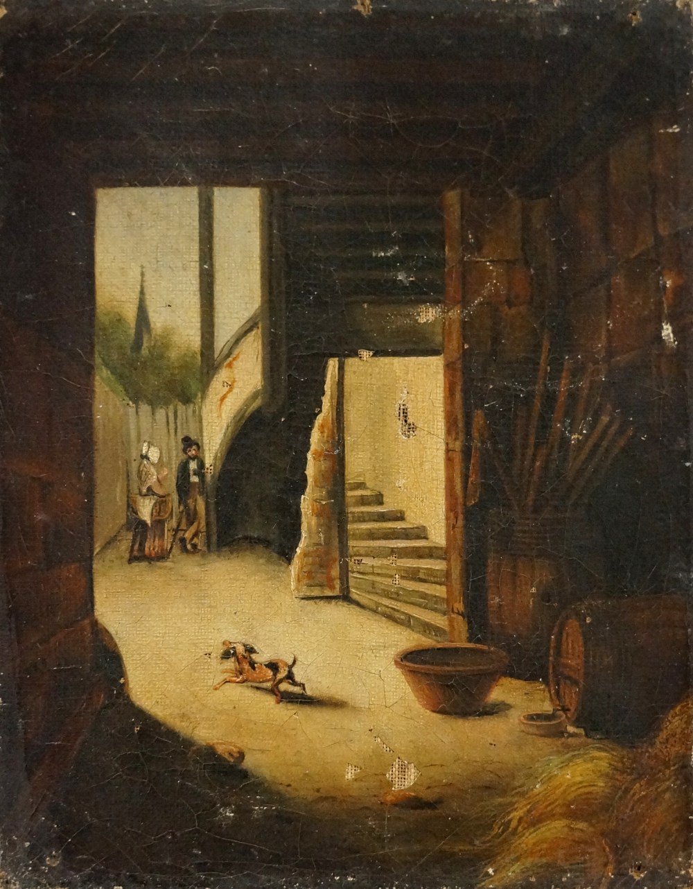 French School, late 19th Century - figures in a back alley with dog, 24cm x 19cm ,