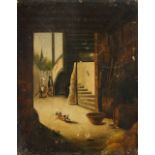 French School, late 19th Century - figures in a back alley with dog, 24cm x 19cm ,
