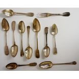 A quantity of 19th Century flatware including: 
Three Fiddle pattern dessert spoons, each engraved
