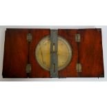 A George III mahogany cased brass surveyor's compass, maker unknown, hinged sights and cover flaps,