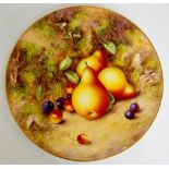 A Royal Worcester circular plate still life painted with pears and cherries on a mossy bank,