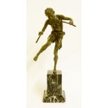 Edouard Drouot - a green patinated figure of Pan standing on one foot playing pipes,