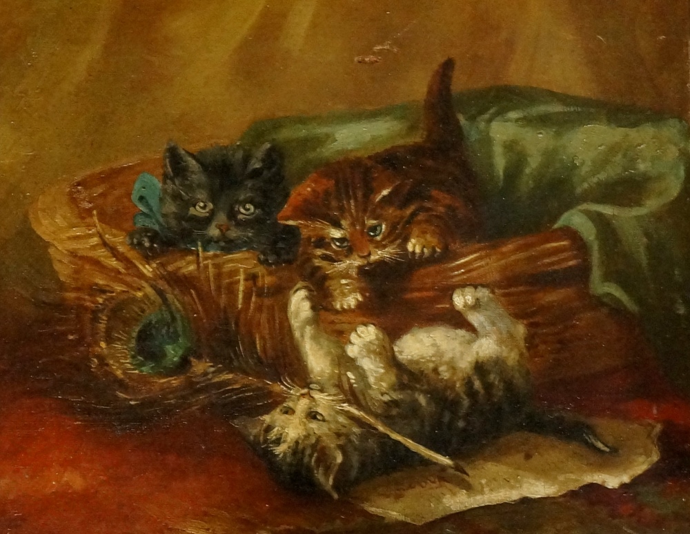 Continental School, early 20th Century - three kittens at play in a basket with peacock feather,