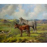 Jesse Hayden - donkeys in extensive landscape with cottages, oil on artist board,