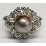 A ladies 18ct white gold and natural salt water iridescent grey/black pearl ring with two collet