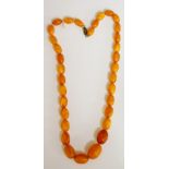 A graduated set of amber beads of oval form, smallest bead 1.2cm long, largest bead 2.