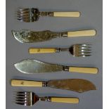 Three pairs of fish servers, two foliate engraved the other plain, ivorine handles,