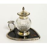 A late Victorian silver and tortoiseshell inkwell the heart shaped base with silver gadrooned rims,