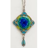 An Art Nouveau enamel pendant of square interlaced design brightly enamelled in turquoise,