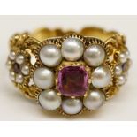 A Victorian pink stone and seed pearl ring,