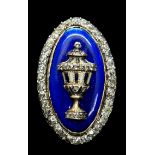 A Georgian enamel and diamond ring, the oval tablet with a central royal blue panel,